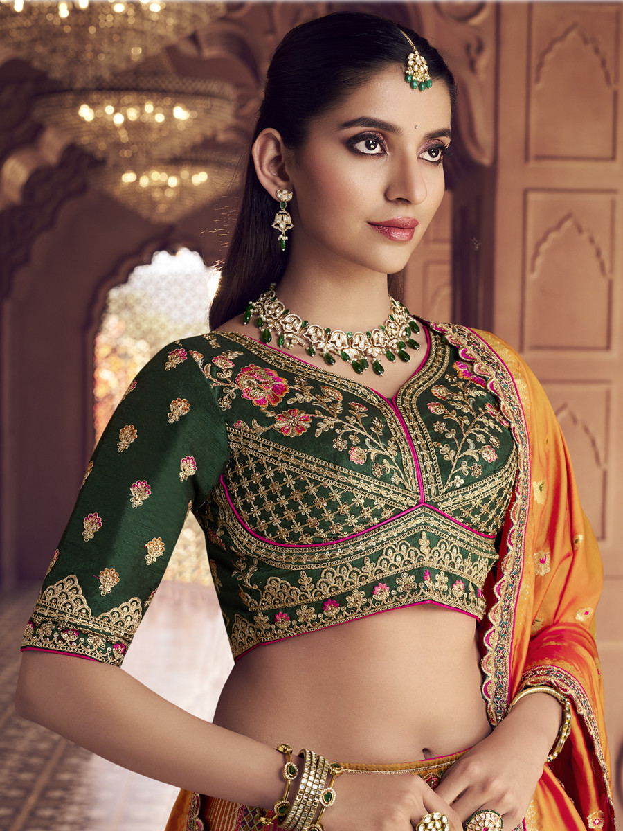 Yellow Banarasi Silk Embroidered Bridal Wedding Reception Festival Heavy Border Lehenga Choli