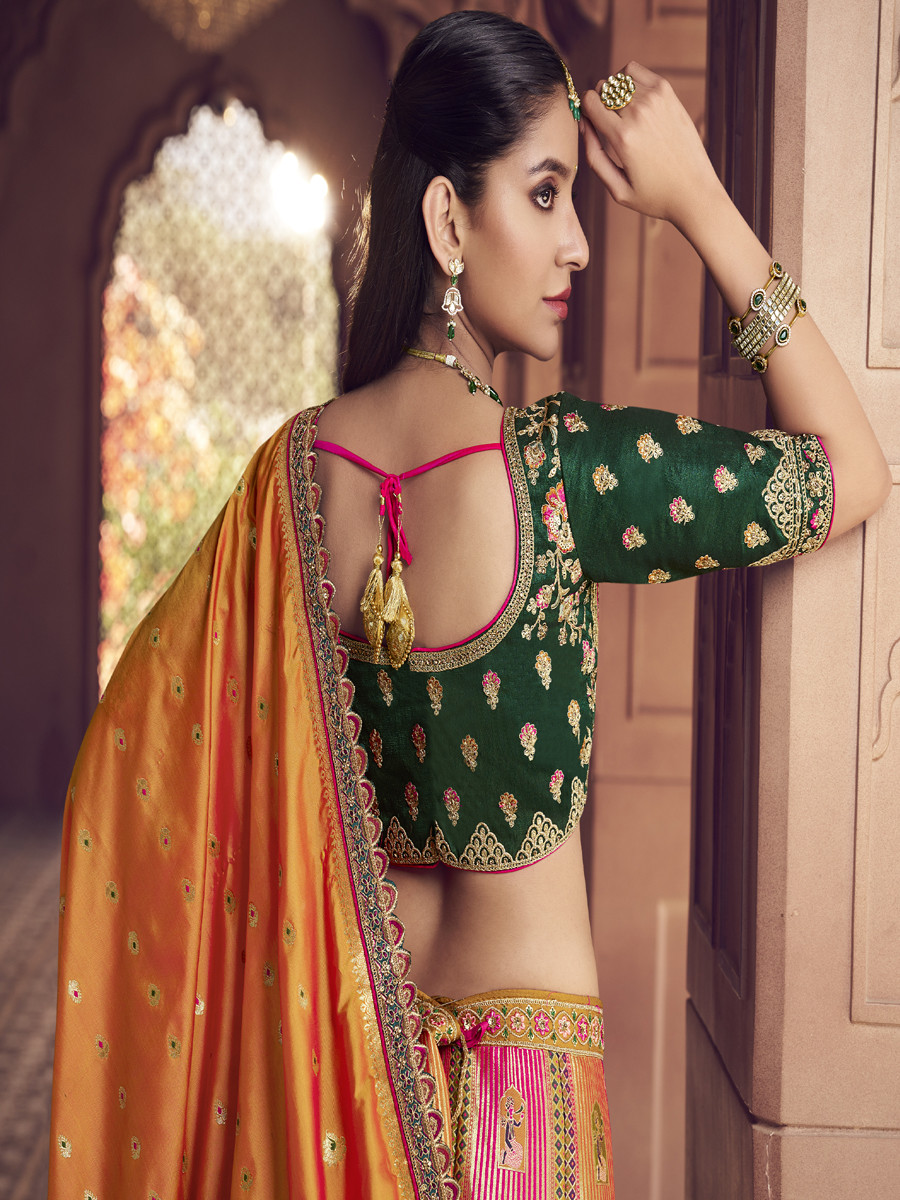 Yellow Banarasi Silk Embroidered Bridal Wedding Reception Festival Heavy Border Lehenga Choli