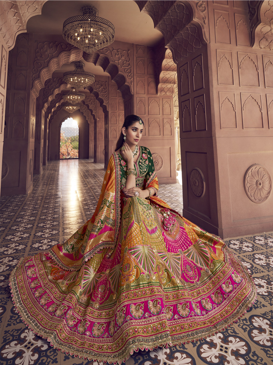 Yellow Banarasi Silk Embroidered Bridal Wedding Reception Festival Heavy Border Lehenga Choli