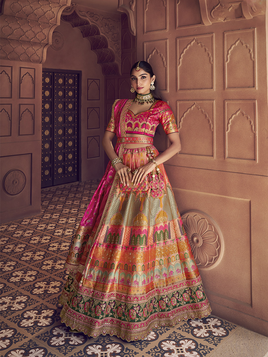 Yellow Banarasi Silk Embroidered Bridal Wedding Reception Festival Heavy Border Lehenga Choli