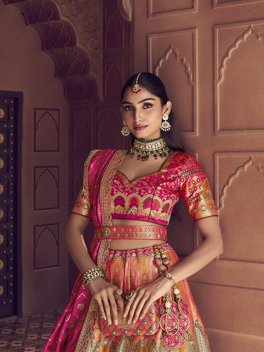 Yellow Banarasi Silk Embroidered Bridal Wedding Reception Festival Heavy Border Lehenga Choli