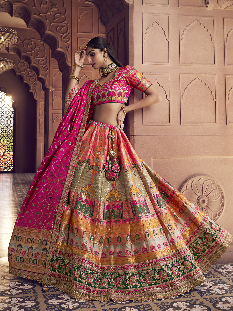 Yellow Banarasi Silk Embroidered Bridal Wedding Reception Festival Heavy Border Lehenga Choli