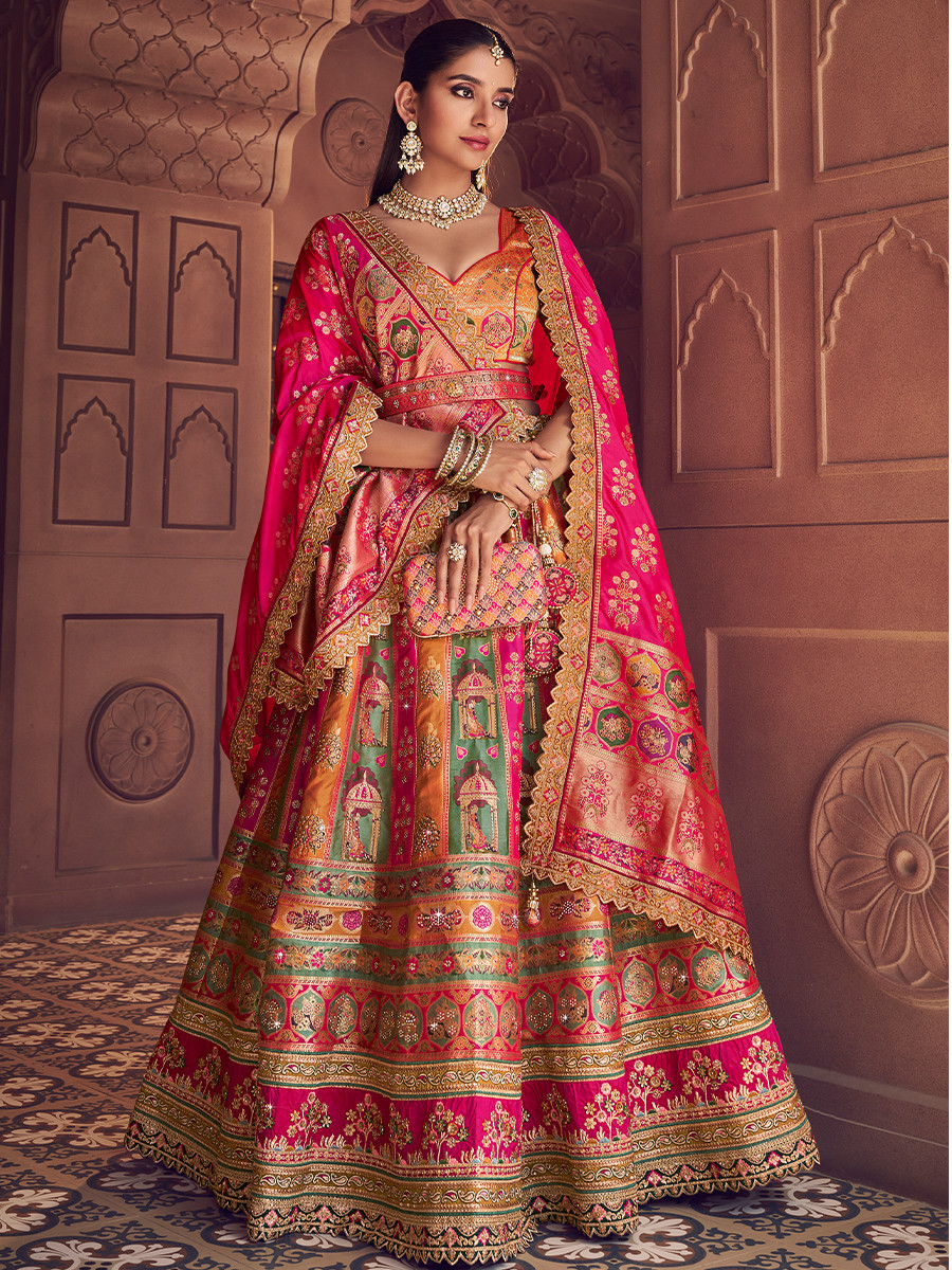 Yellow Banarasi Silk Embroidered Bridal Wedding Reception Festival Heavy Border Lehenga Choli