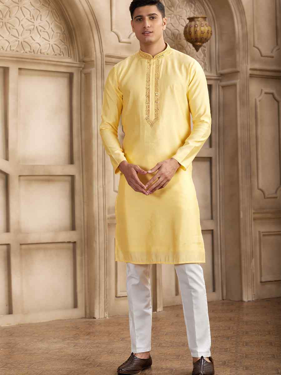 Yellow Banarasi Silk Embroidered Festival Party Kurta
