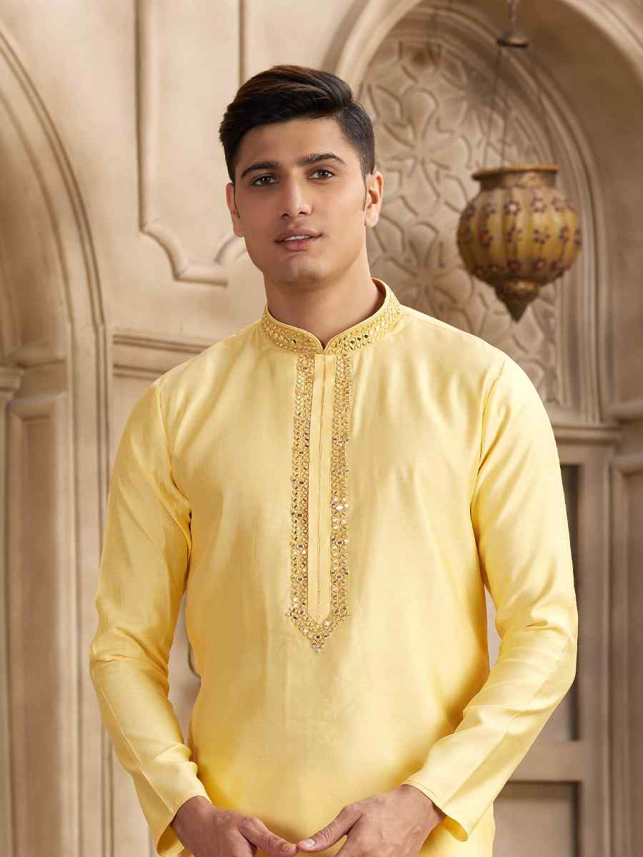 Yellow Banarasi Silk Embroidered Festival Party Kurta