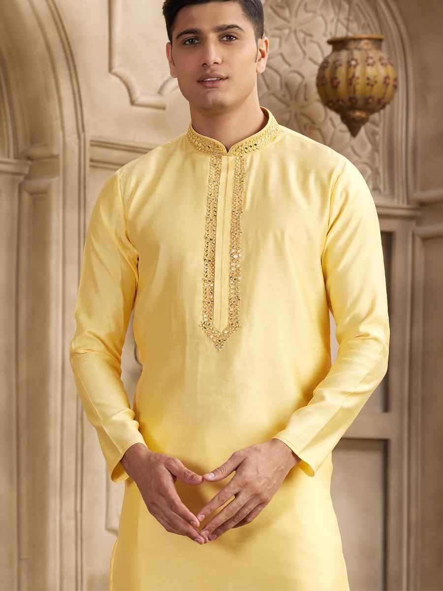 Yellow Banarasi Silk Embroidered Festival Party Kurta