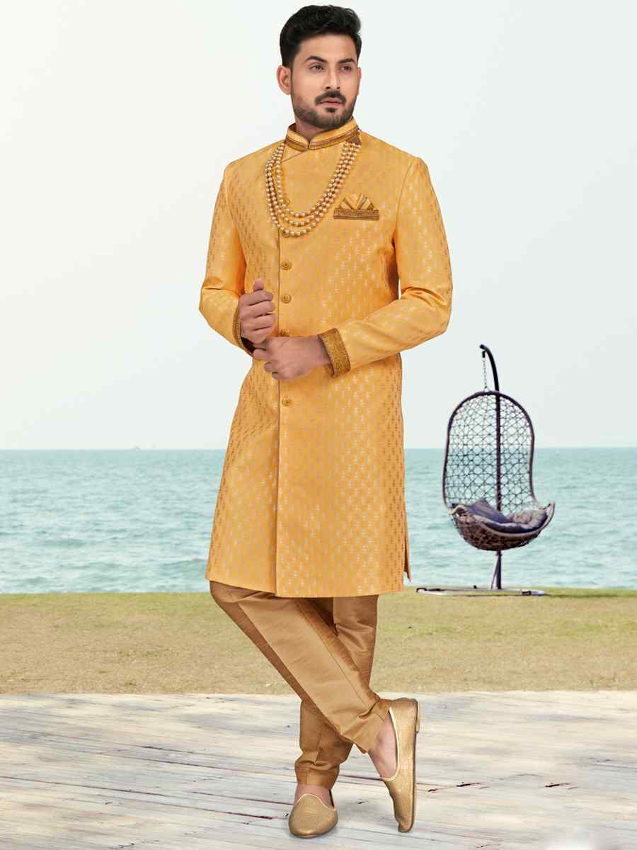 Yellow Banarasi Silk Embroidered Wedding Festival Sherwani