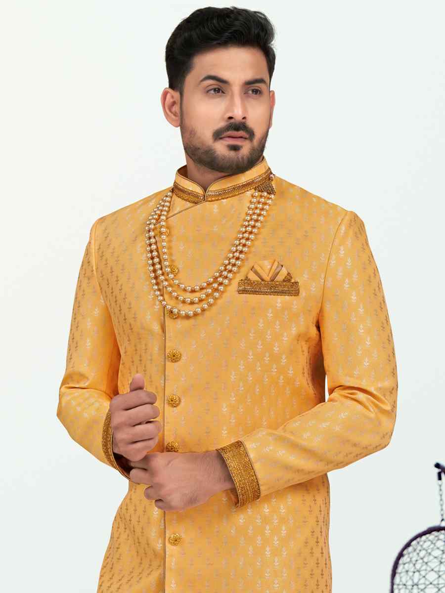 Yellow Banarasi Silk Embroidered Wedding Festival Sherwani