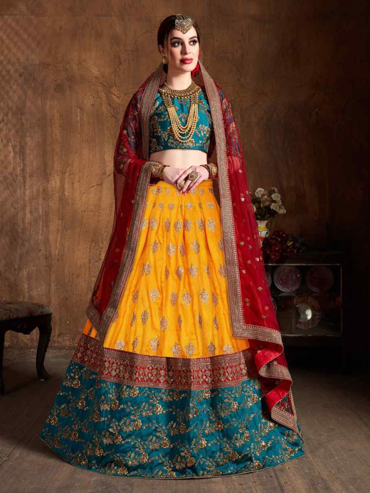 Image of Yellow Banarasi Silk Embroidered Wedding Reception Festival Heavy Border Lehenga Choli