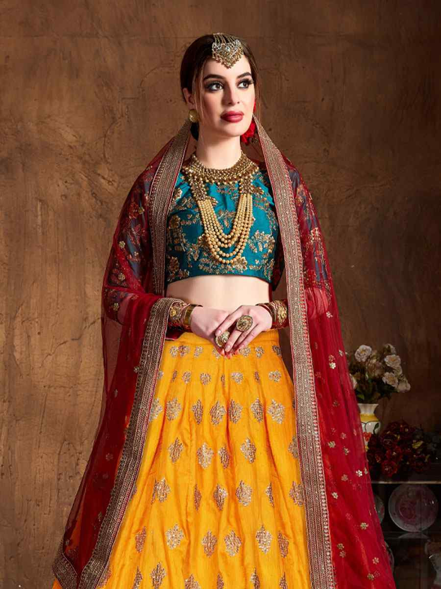 Yellow Banarasi Silk Embroidered Wedding Reception Festival Heavy Border Lehenga Choli