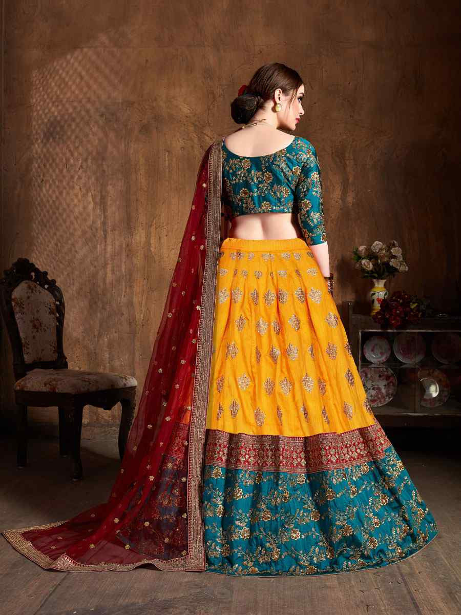 Yellow Banarasi Silk Embroidered Wedding Reception Festival Heavy Border Lehenga Choli