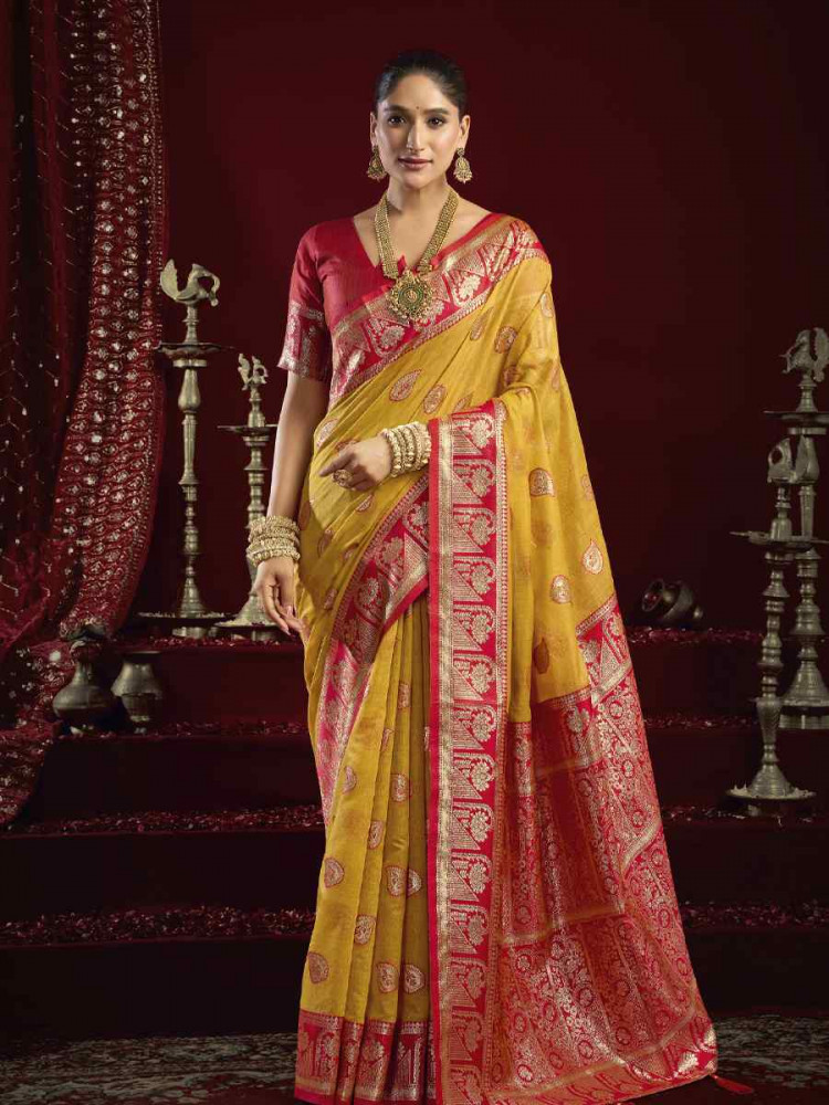 Image of Yellow Banarasi Silk Handwoven Casual Reception Festival Wedding Fancy Heavy Border Saree