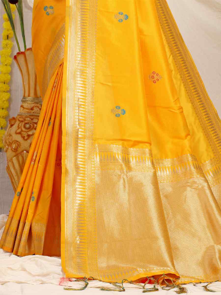 Yellow Banarasi Silk Handwoven Festival Casual Heavy Border Saree