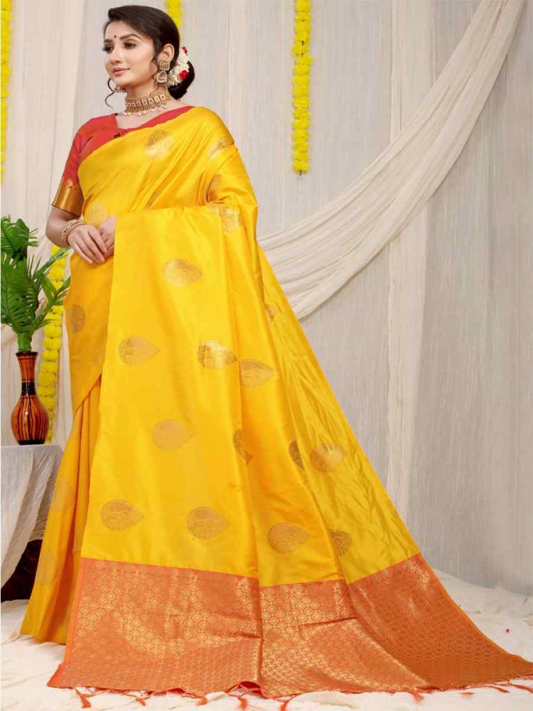 Yellow Banarasi Silk Handwoven Festival Casual Heavy Border Saree