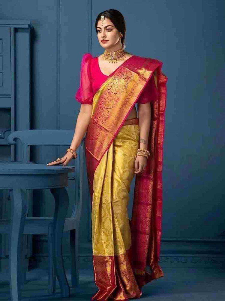 Image of Yellow Banarasi Silk Handwoven Party Festival Wedding Traditional Fancy Classic Style Sarees
