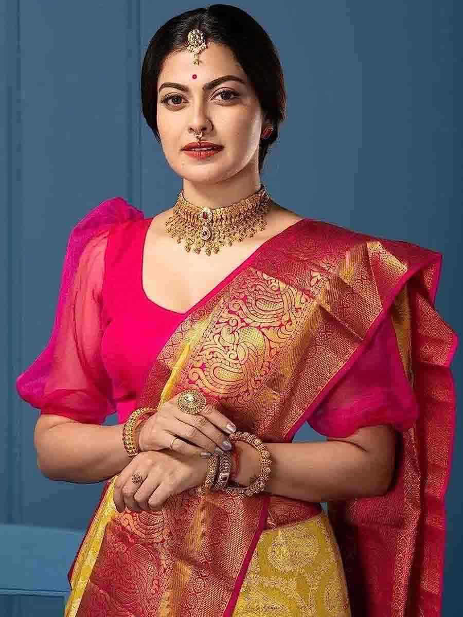 Yellow Banarasi Silk Handwoven Party Festival Wedding Traditional Fancy Classic Style Sarees