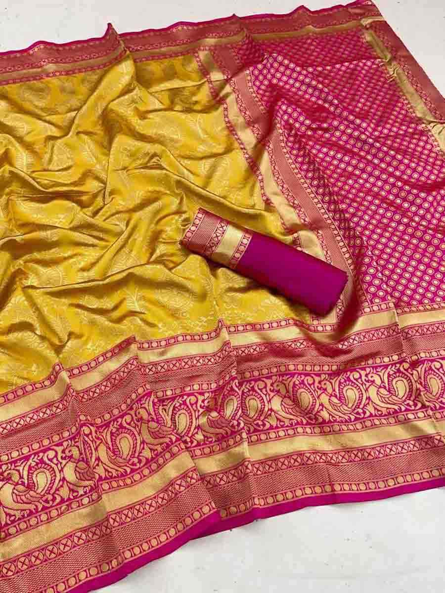 Yellow Banarasi Silk Handwoven Party Festival Wedding Traditional Fancy Classic Style Sarees
