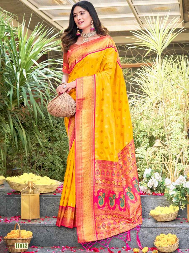 Yellow Banarasi Silk Handwoven Wedding Festival Heavy Border Saree