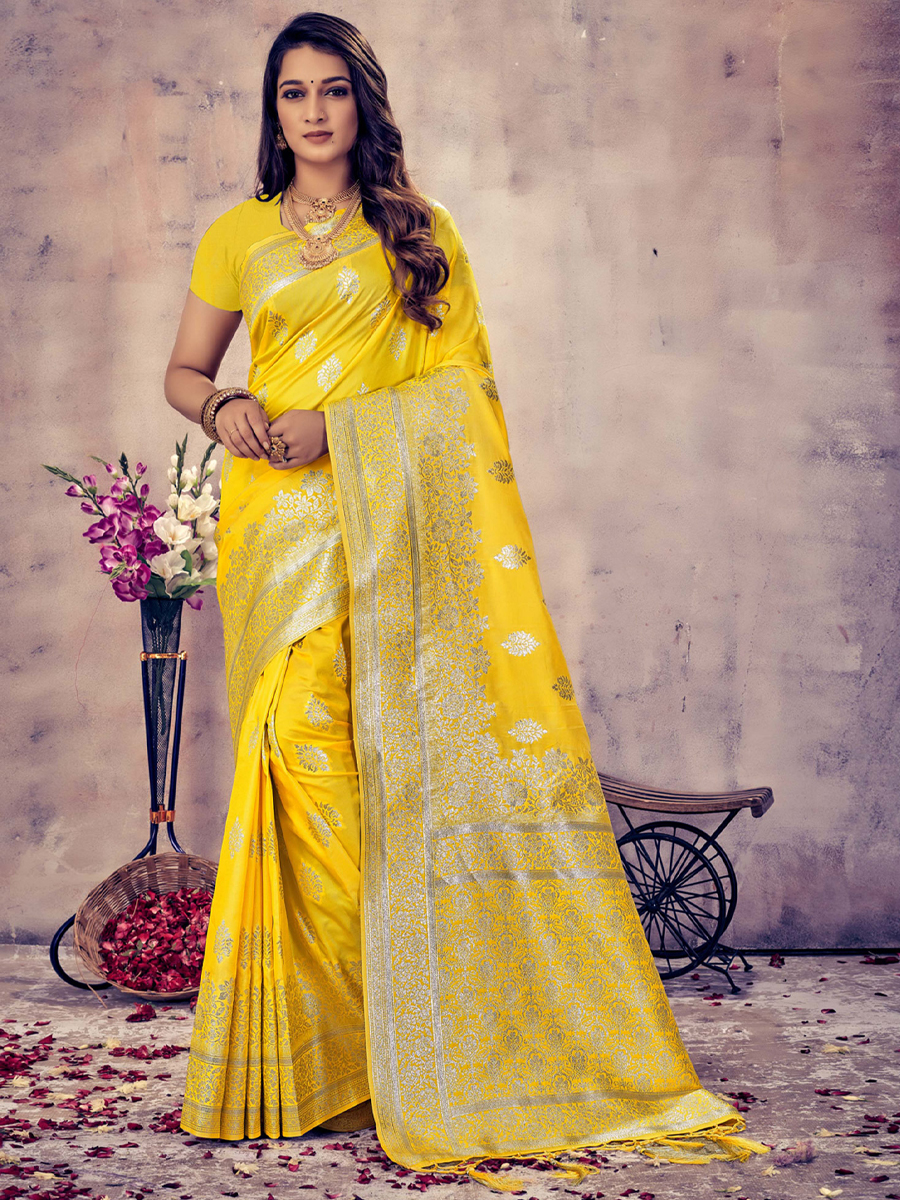 Yellow Banarasi Silk Handwoven Wedding Festival Heavy Border Saree