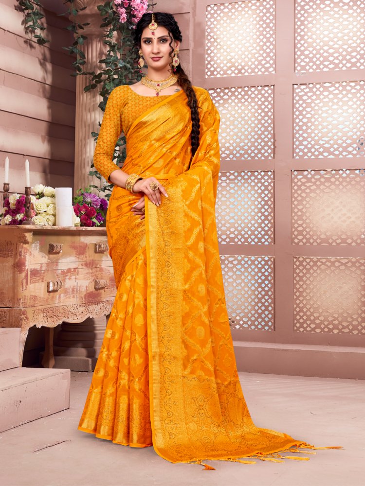 Yellow Banarasi Silk Handwoven Wedding Festival Heavy Border Saree