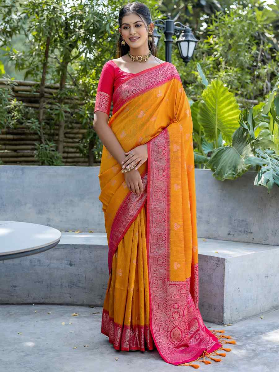 Yellow Banarasi Silk Handwoven Wedding Festival Heavy Border Saree