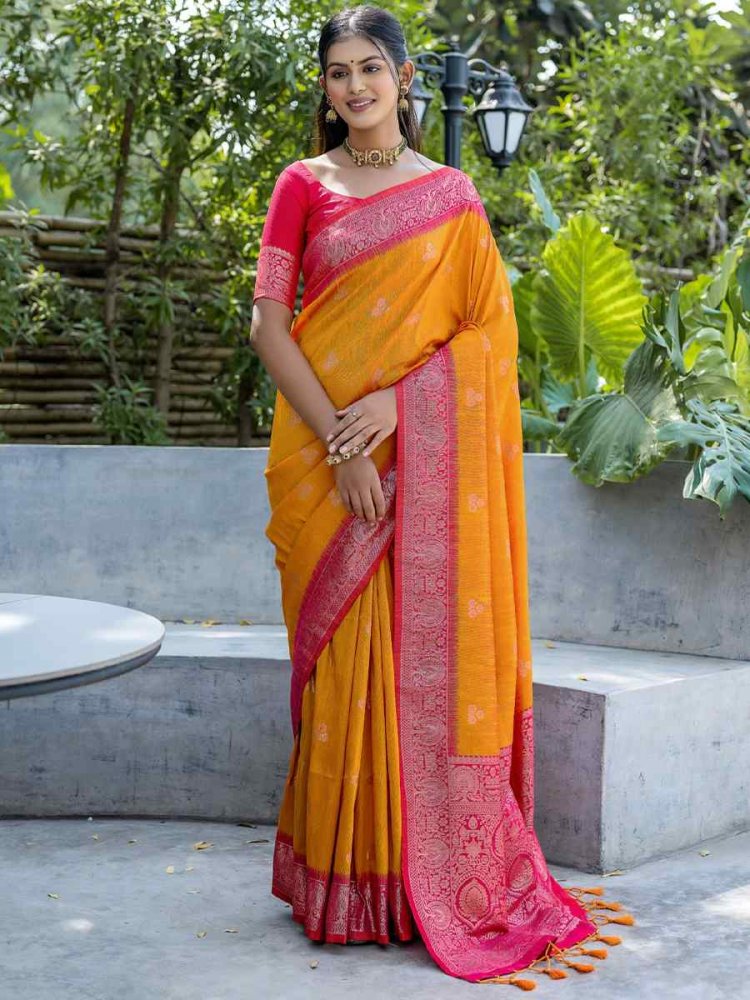 Yellow Banarasi Silk Handwoven Wedding Festival Heavy Border Saree