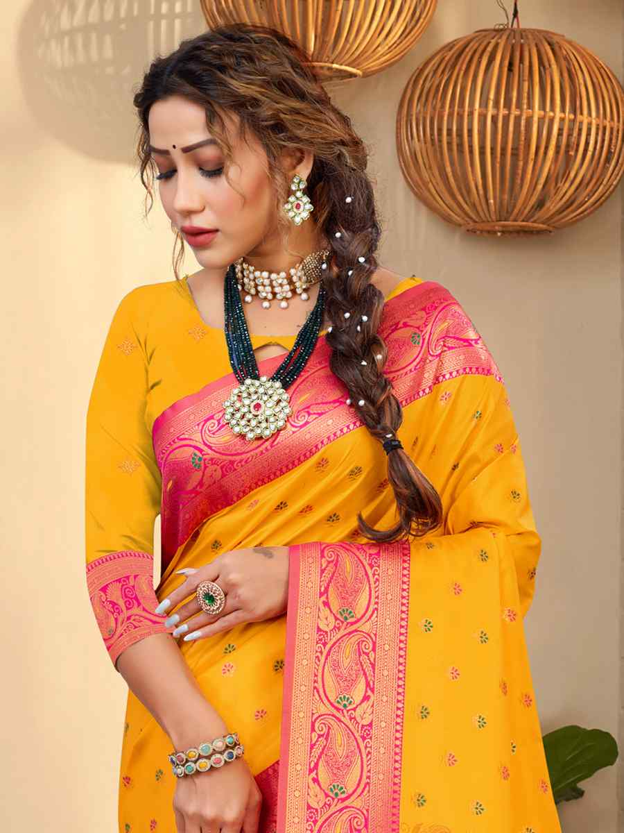 Yellow Banarasi Silk Handwoven Wedding Festival Heavy Border Saree