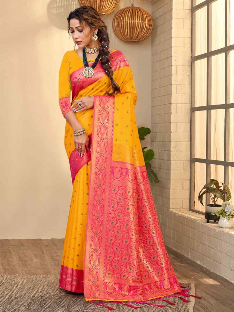 Yellow Banarasi Silk Handwoven Wedding Festival Heavy Border Saree