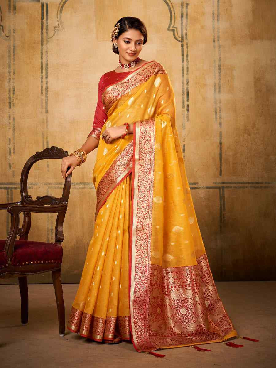 Yellow Banarasi Silk Tissue Handwoven Festival Wedding Fancy Heavy Border Saree