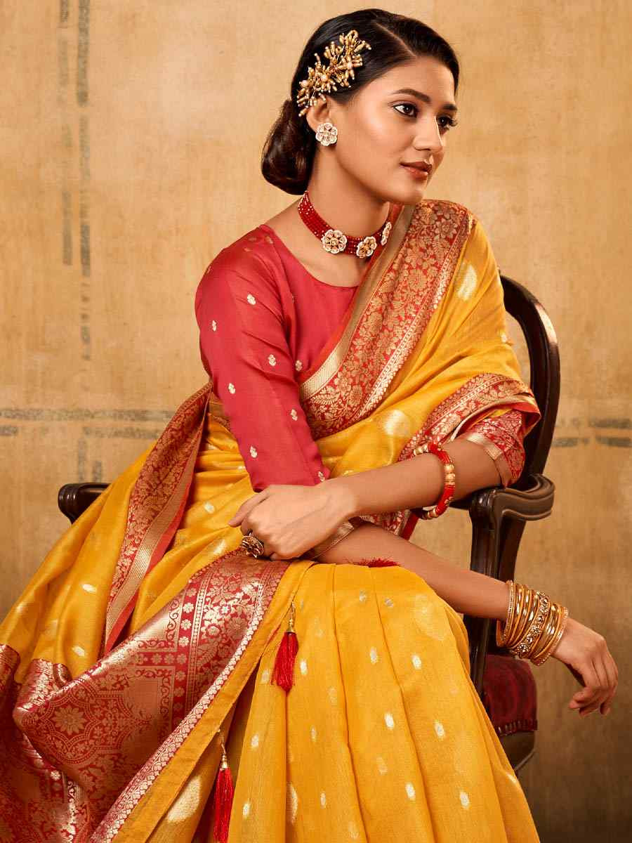 Yellow Banarasi Silk Tissue Handwoven Festival Wedding Fancy Heavy Border Saree