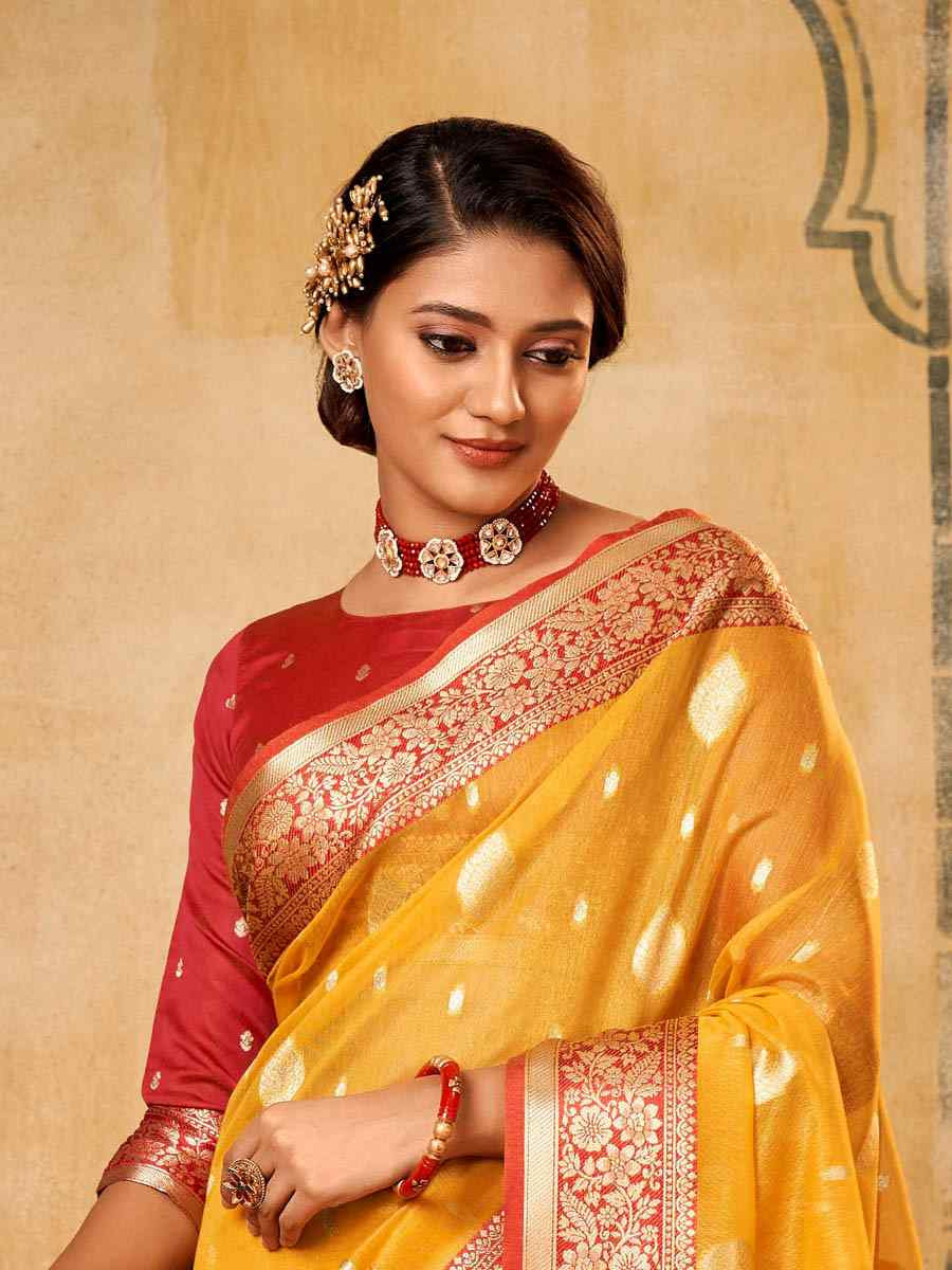 Yellow Banarasi Silk Tissue Handwoven Festival Wedding Fancy Heavy Border Saree