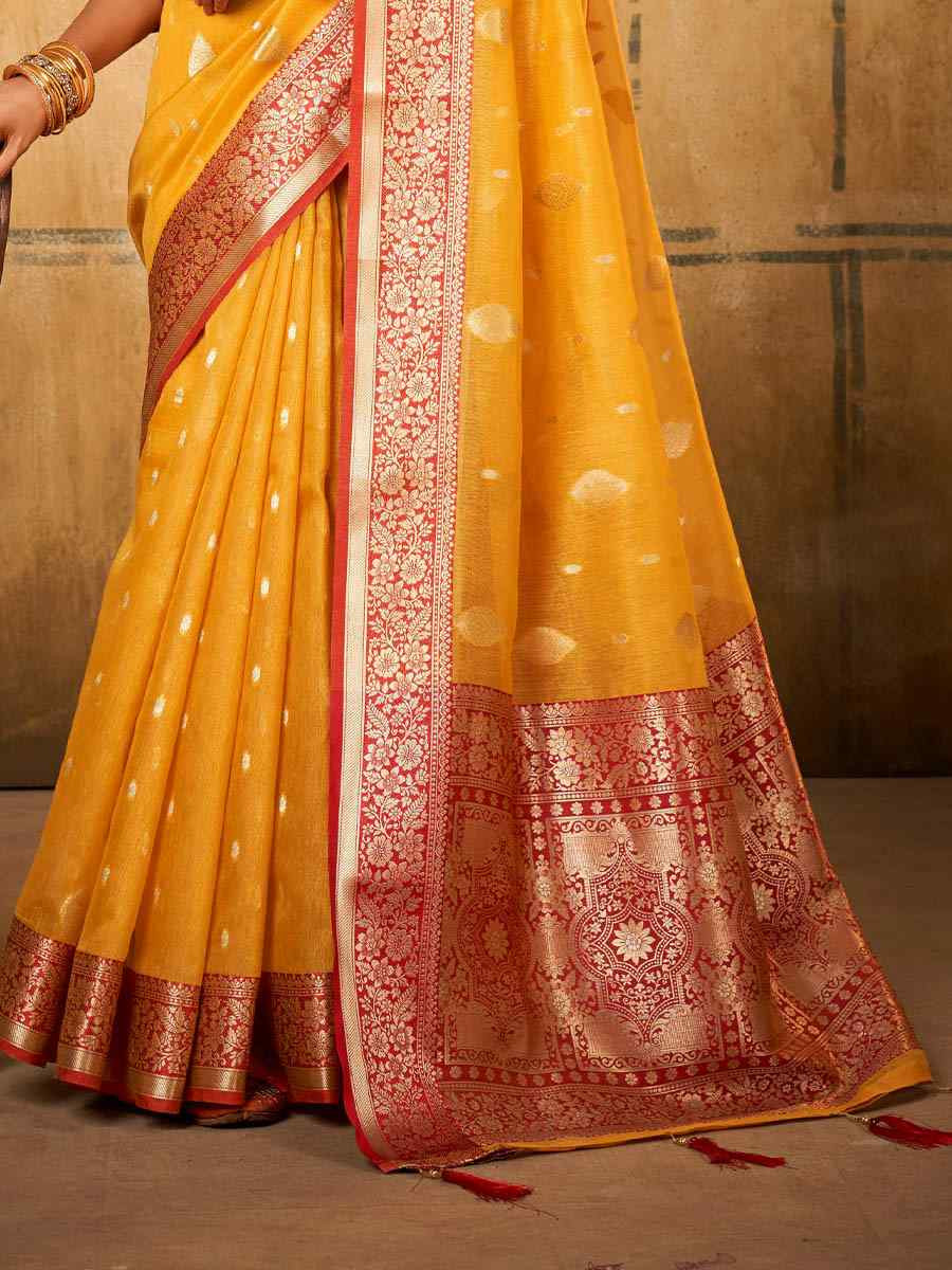 Yellow Banarasi Silk Tissue Handwoven Festival Wedding Fancy Heavy Border Saree