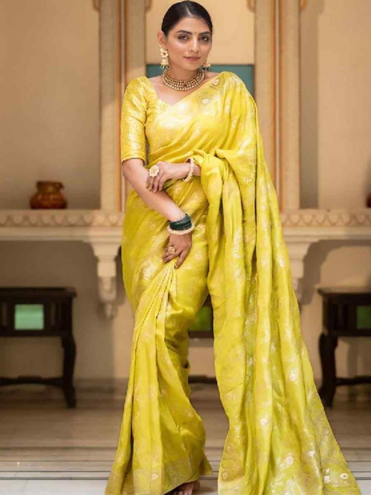 Yellow Banarasi Soft Silk Handwoven Wedding Festival Heavy Border Saree