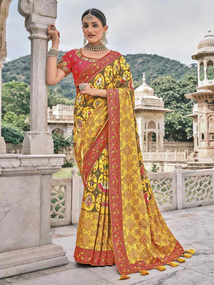 Yellow Bandhej Patola Pure Silk Embroidered Wedding Festival Heavy Border Saree