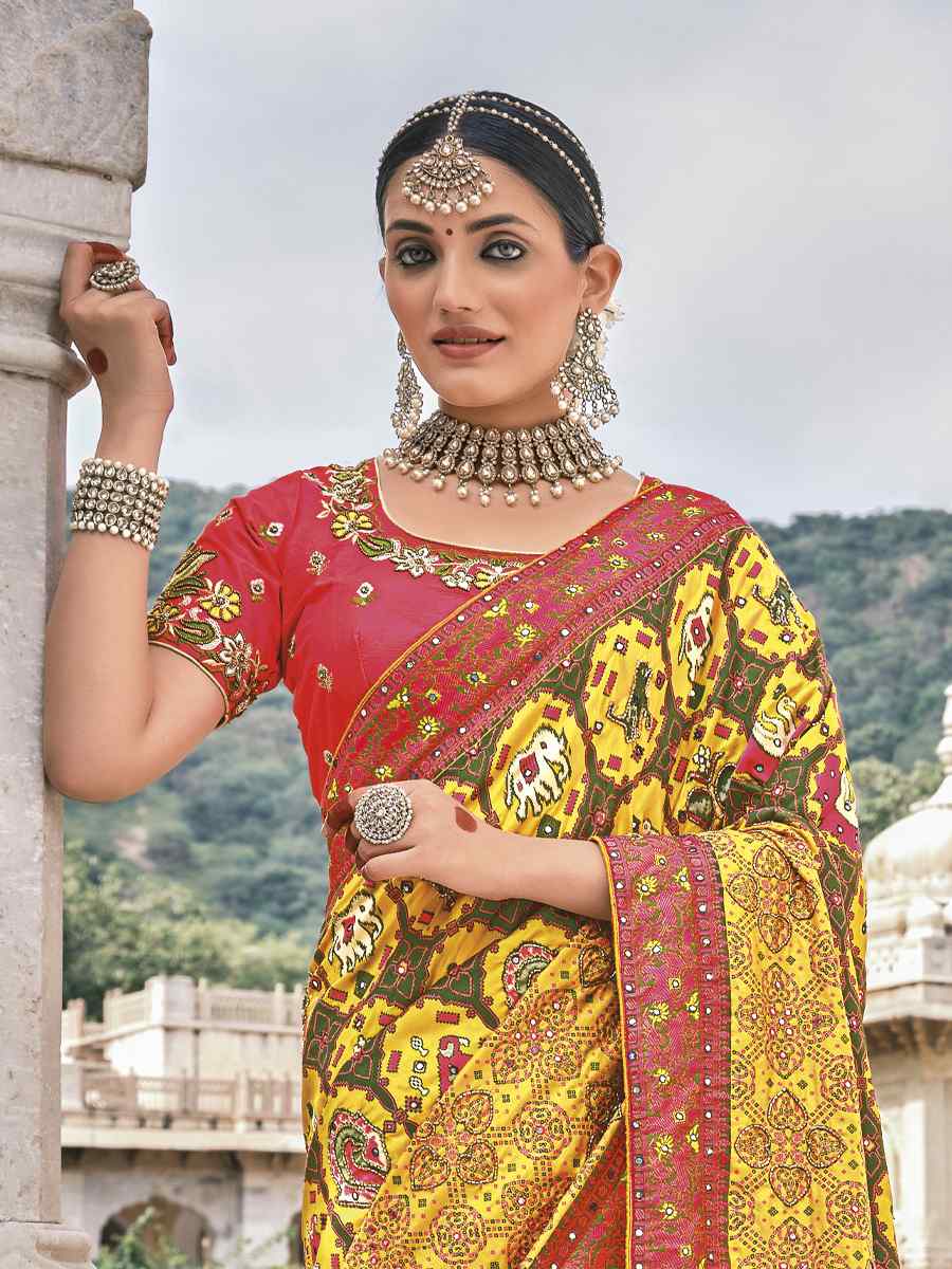 Yellow Bandhej Patola Pure Silk Embroidered Wedding Festival Heavy Border Saree