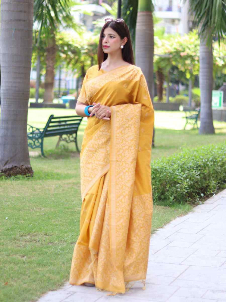 Image of Yellow Banglori Handloom Raw Silk Handwoven Casual Reception Festival Wedding Fancy Classic Style Sarees