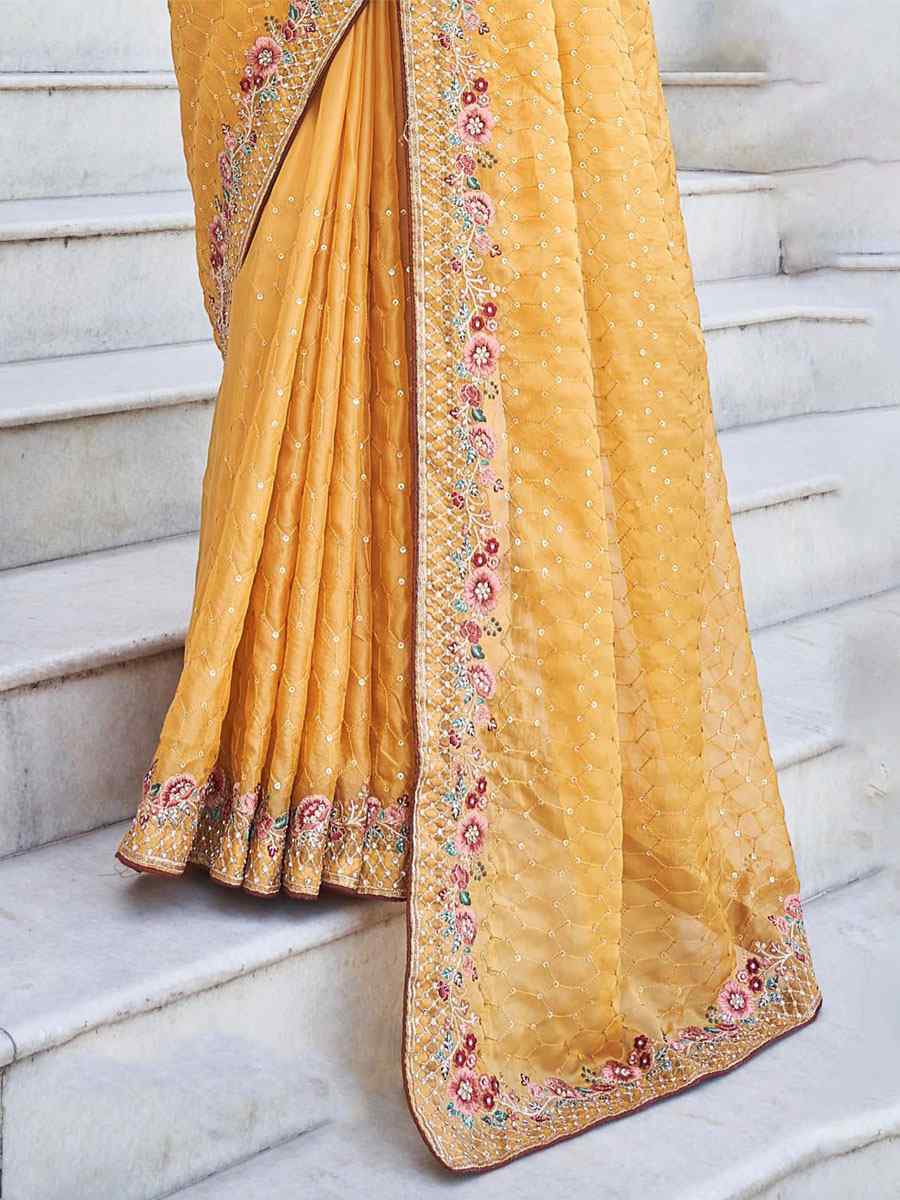 Yellow Banglory Silk Embroidered Party Festival Heavy Border Saree