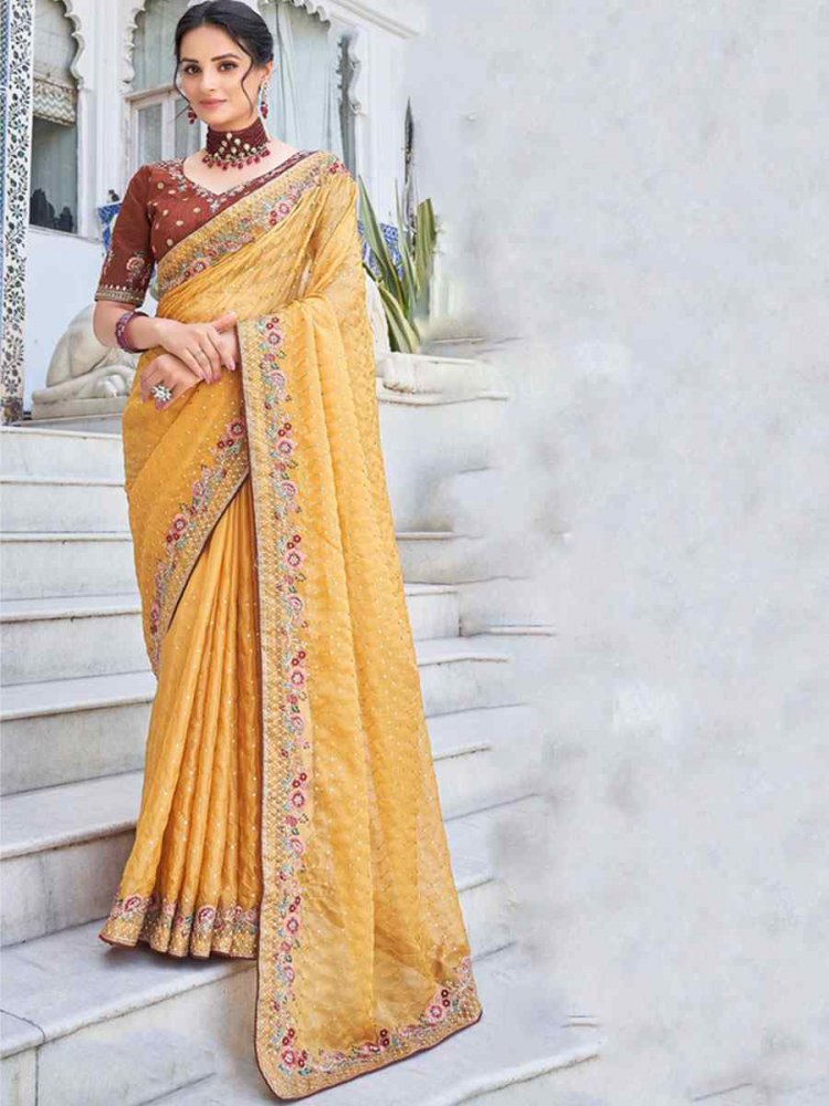 Yellow Banglory Silk Embroidered Party Festival Heavy Border Saree