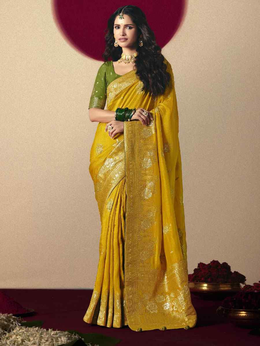Yellow Bemberg Viscose Handwoven Zari Work Traditional Bridal Reception Festival Wedding Fancy Heavy Border Saree