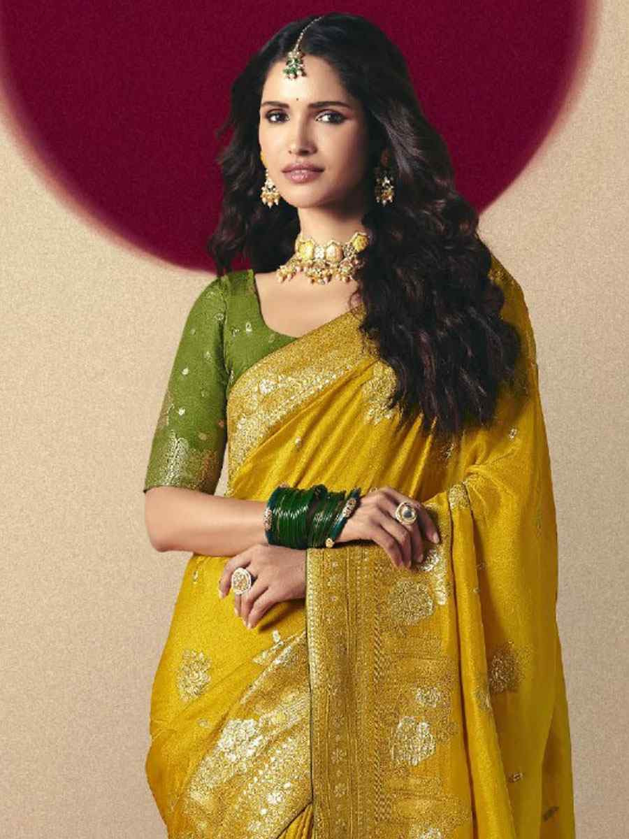 Yellow Bemberg Viscose Handwoven Zari Work Traditional Bridal Reception Festival Wedding Fancy Heavy Border Saree