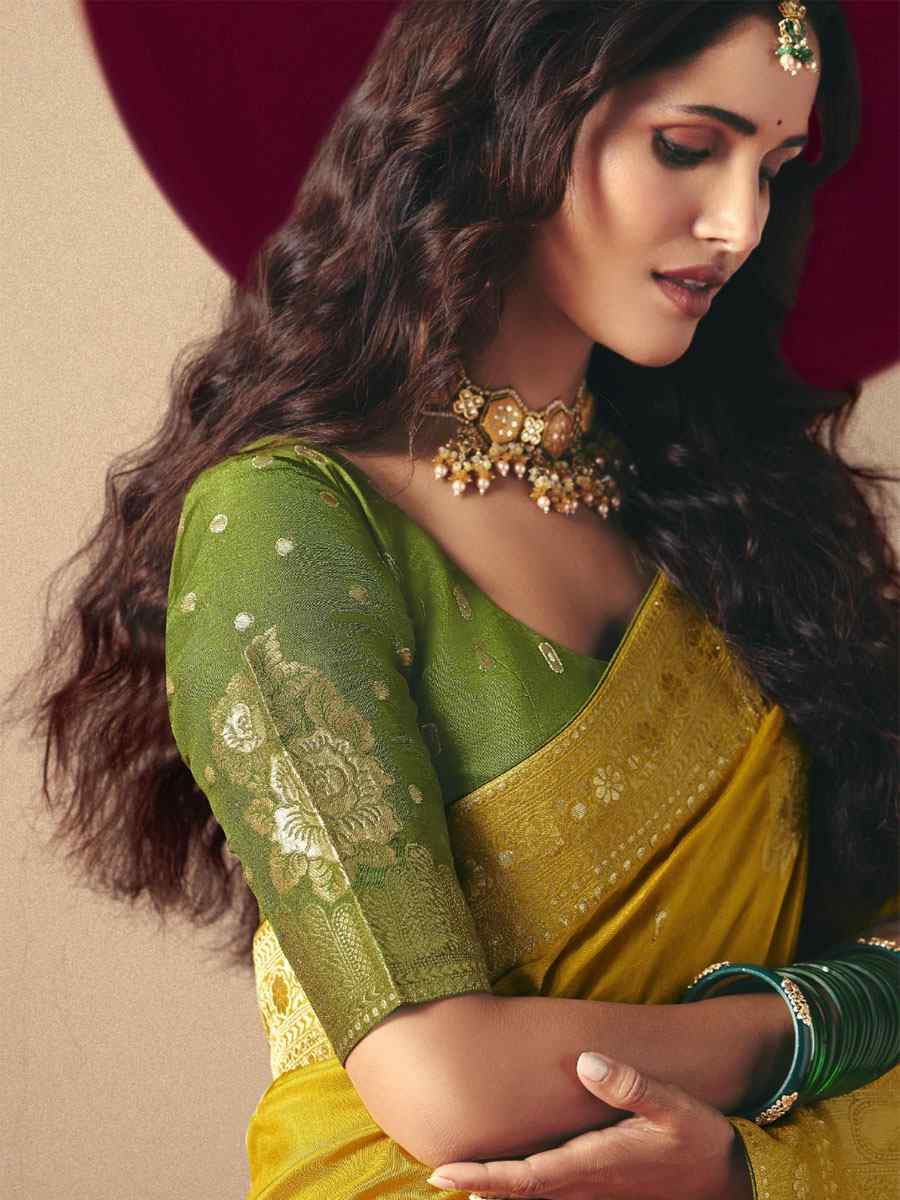 Yellow Bemberg Viscose Handwoven Zari Work Traditional Bridal Reception Festival Wedding Fancy Heavy Border Saree