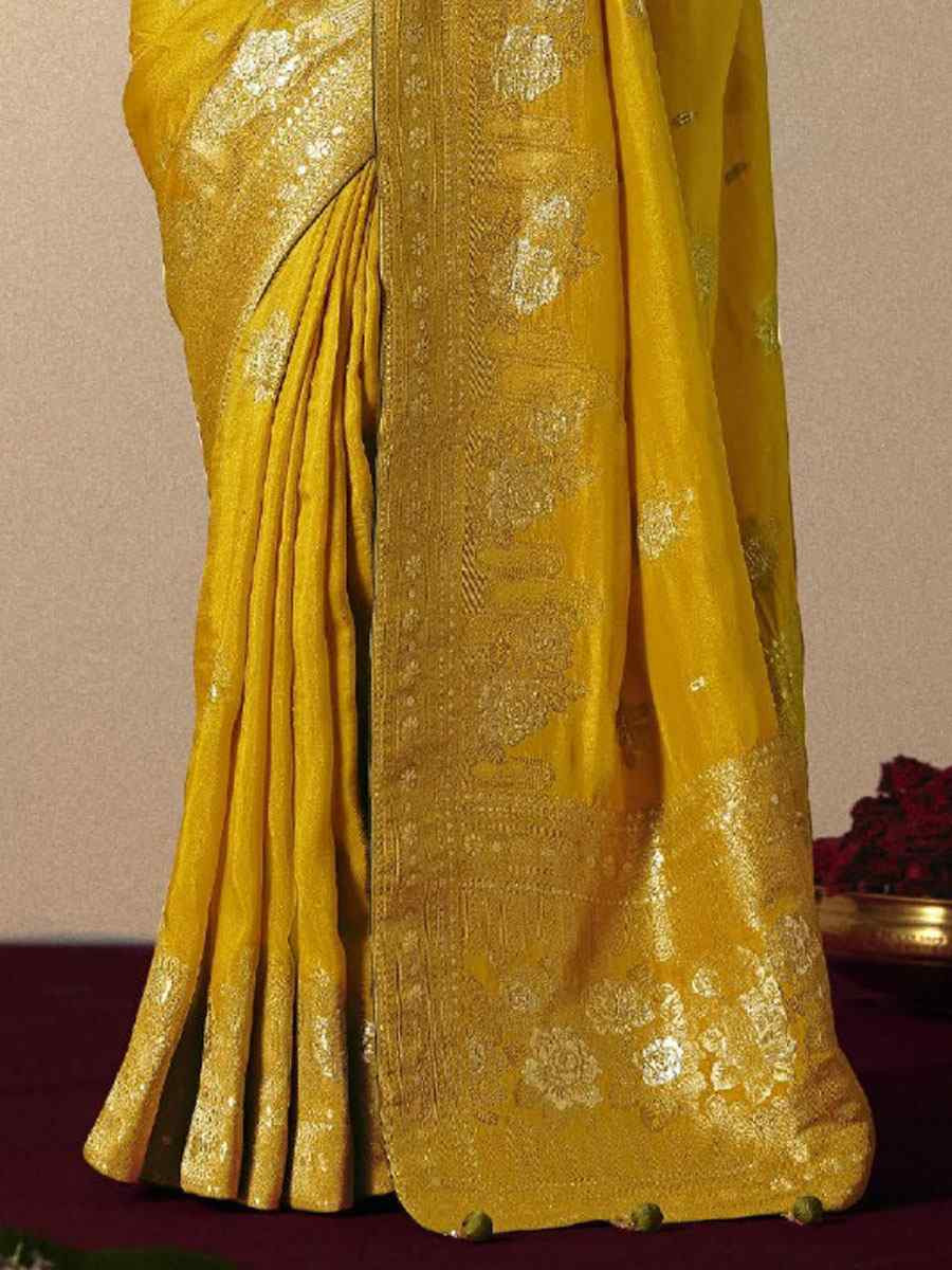 Yellow Bemberg Viscose Handwoven Zari Work Traditional Bridal Reception Festival Wedding Fancy Heavy Border Saree