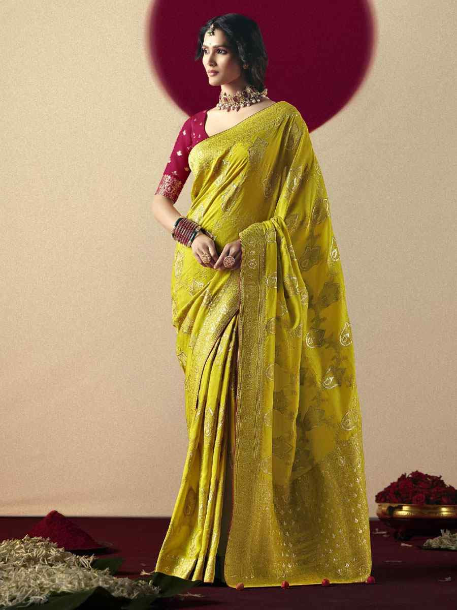 Yellow Bemberg Viscose Handwoven Zari Work Traditional Bridal Reception Festival Wedding Fancy Heavy Border Saree