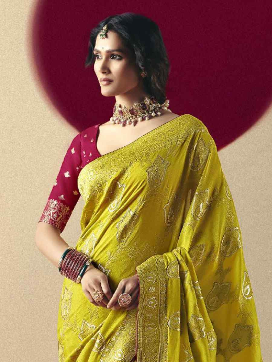 Yellow Bemberg Viscose Handwoven Zari Work Traditional Bridal Reception Festival Wedding Fancy Heavy Border Saree