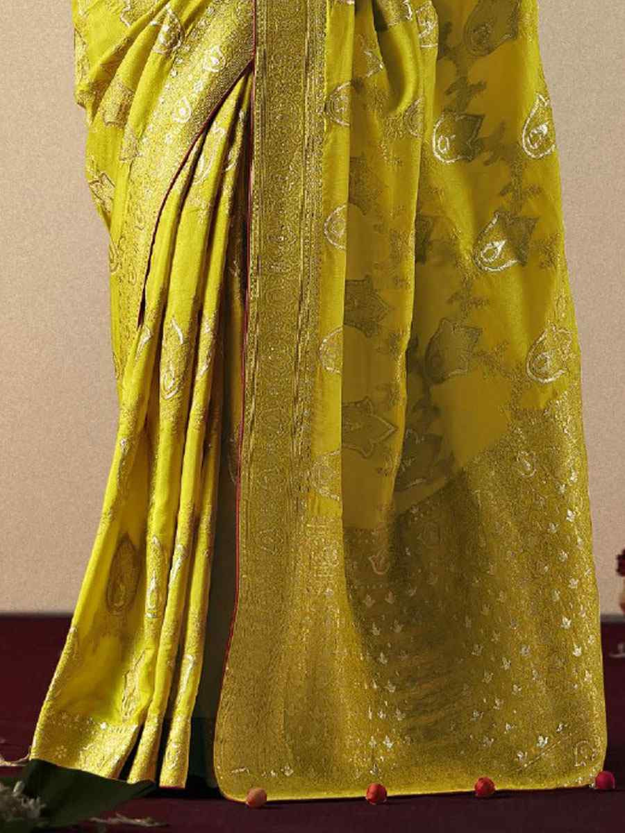 Yellow Bemberg Viscose Handwoven Zari Work Traditional Bridal Reception Festival Wedding Fancy Heavy Border Saree