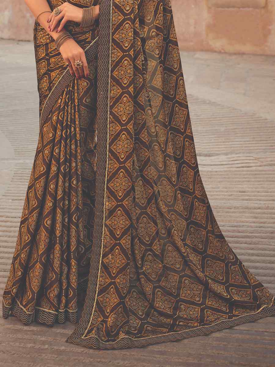 Yellow Black Rangoli Printed Casual Festival Contemporary Saree