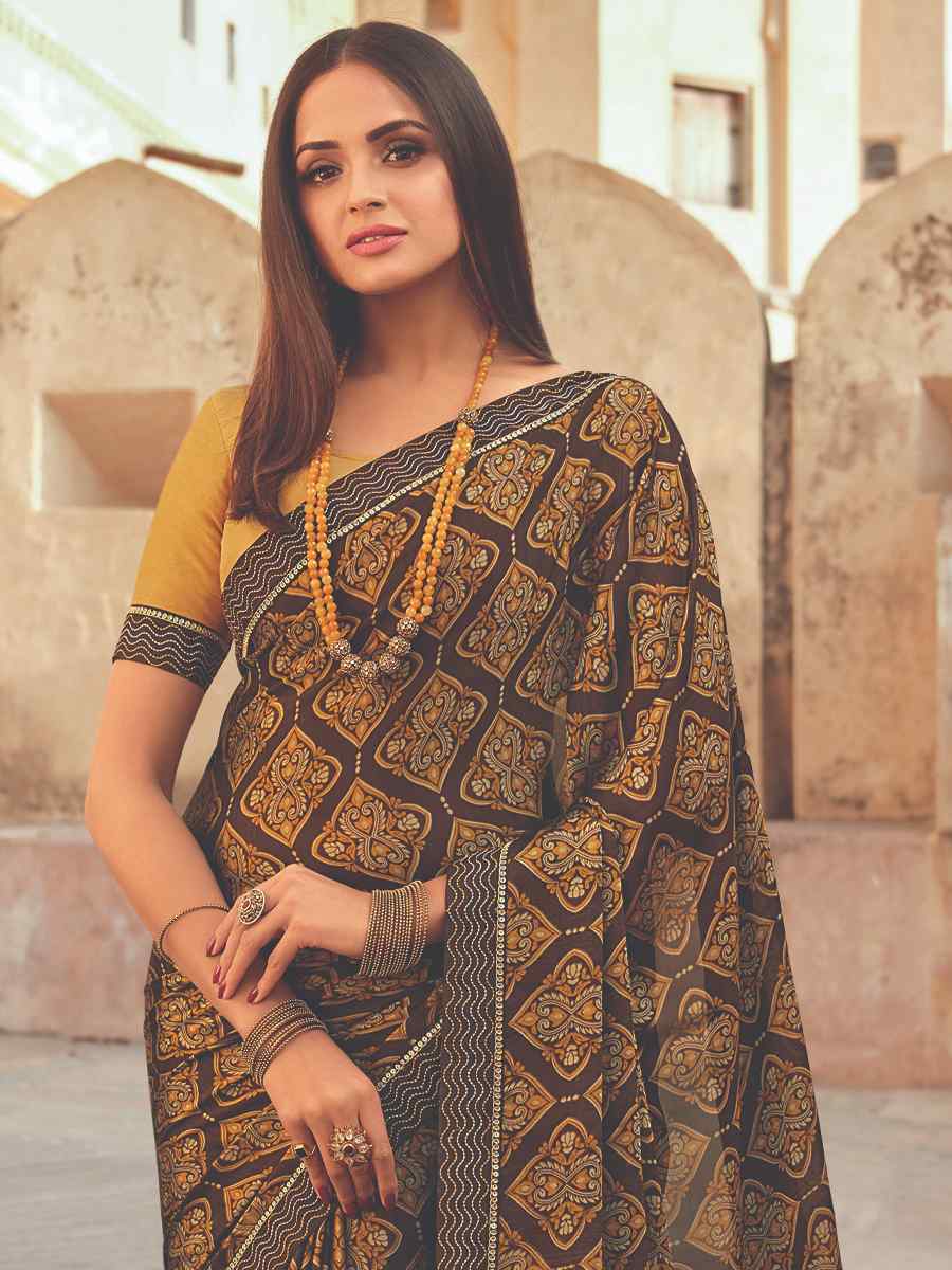 Yellow Black Rangoli Printed Casual Festival Contemporary Saree