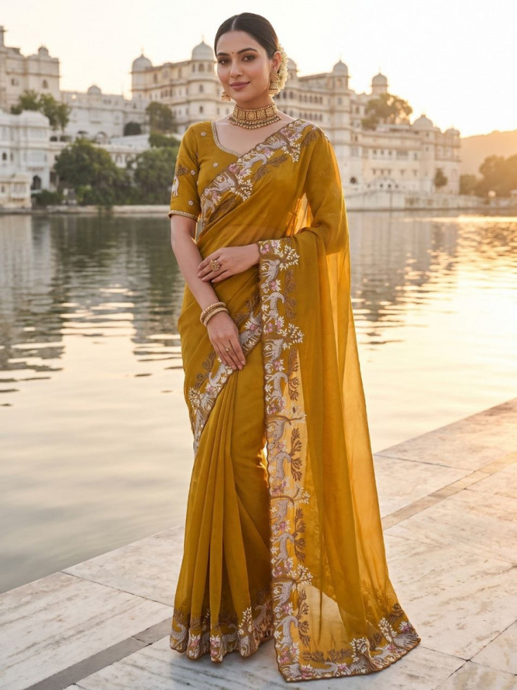 Image of Yellow Black Rangoli Silk Embroidery Wedding Reception Party Festival Casual Heavy Border Sarees