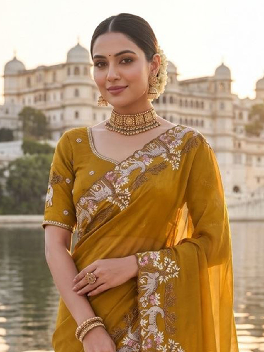 Yellow Black Rangoli Silk Embroidery Wedding Reception Party Festival Casual Heavy Border Sarees