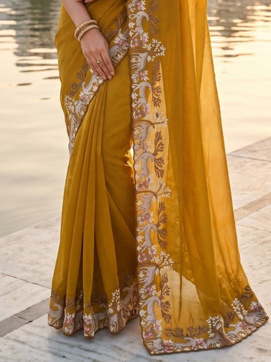 Yellow Black Rangoli Silk Embroidery Wedding Reception Party Festival Casual Heavy Border Sarees